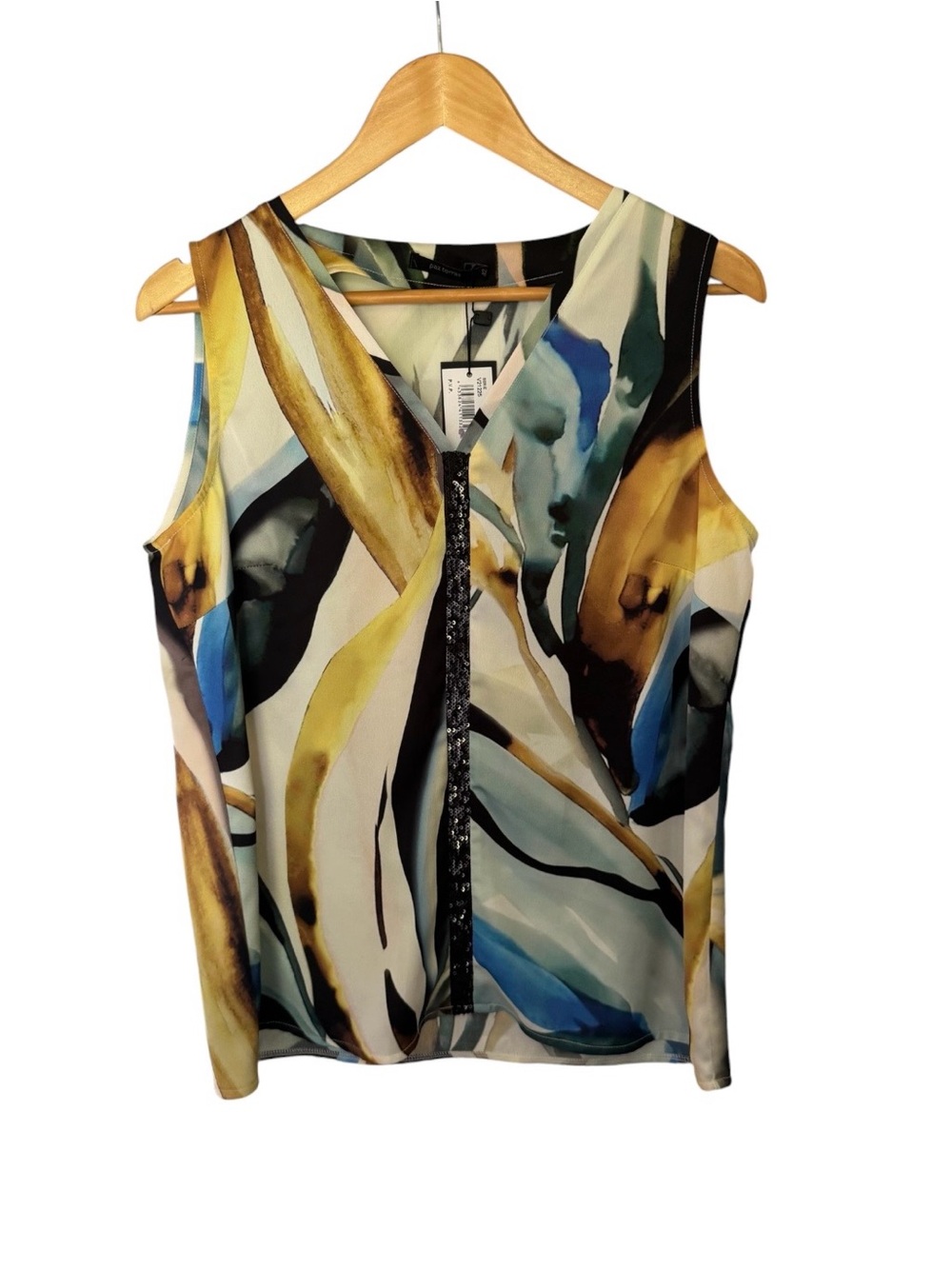 paz torras Sleeveless V-Neck Blouse in Blue, Yellow and Black